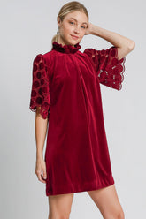 Umgee Dotted Lace Half Sleeve Mock Neck Back Tie Velvet Dress OutfitFlow